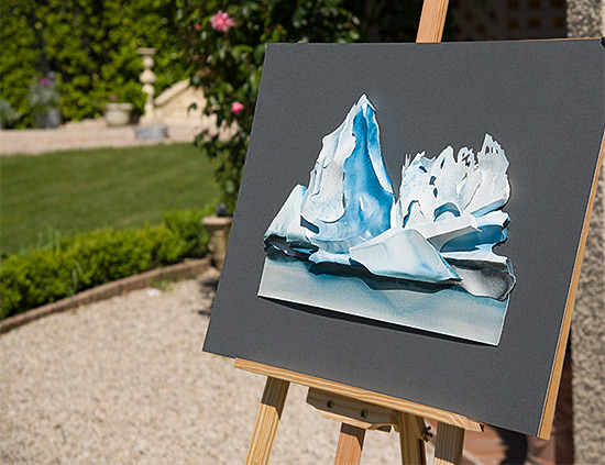 An angled view showing the three-dimensional nature of a Sculptural Watercolour - by Prue Bishop